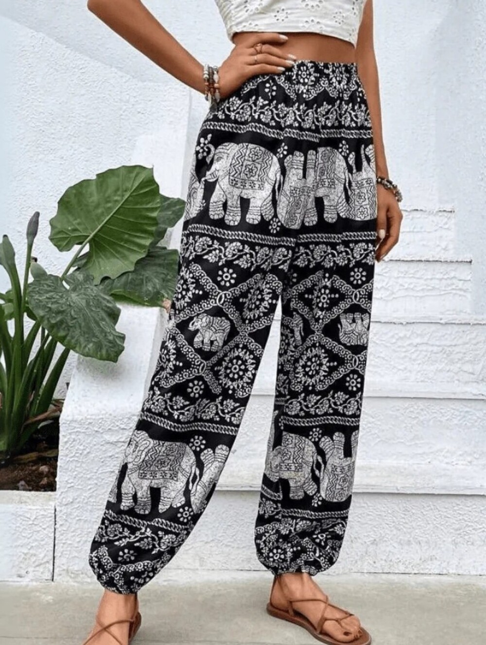 Navy Cream Thai Elephant Print Harem Pants Bohemian Hippie Festival EB5